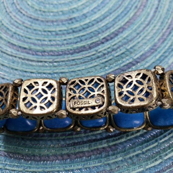 Fossil Stretch Square Blue Beaded Link Bracelet Dark Gold Hardware 7" - Picture 7 of 8